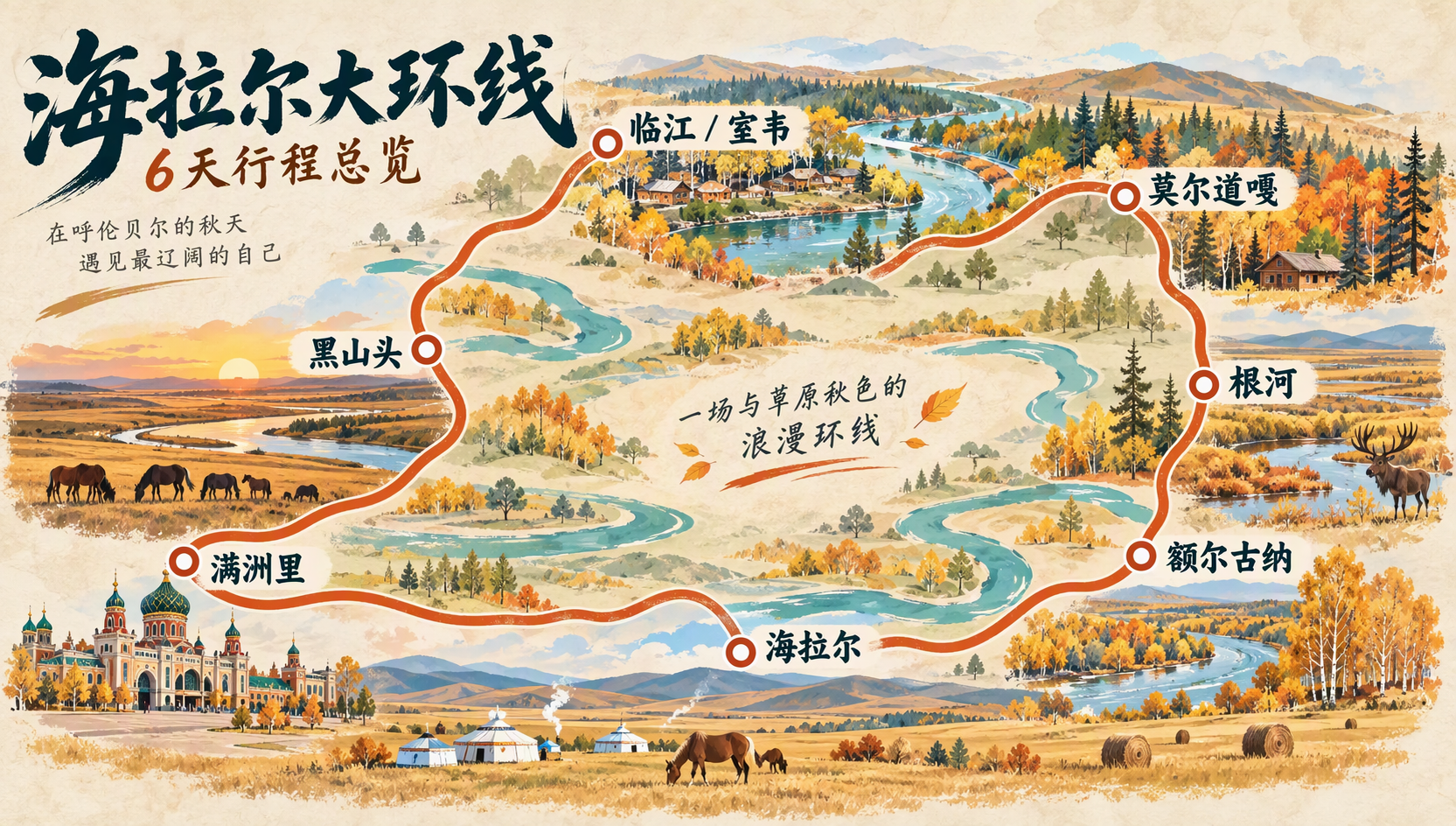 海拉尔大环线六天行程总览手绘海报